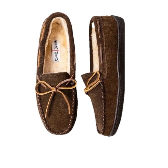 minnetonka men's pile lined hardsole brown suede moccasins size 10.5 W New - Picture 1 of 10